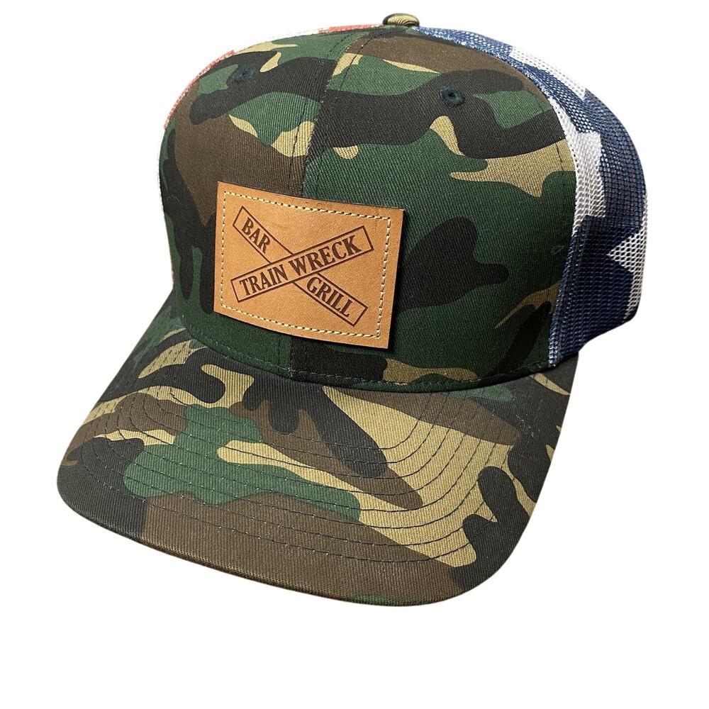 Train Wreck Bar Grill Mesh Snapback Hat Cap Camo USA Flag Patriotic Richardson